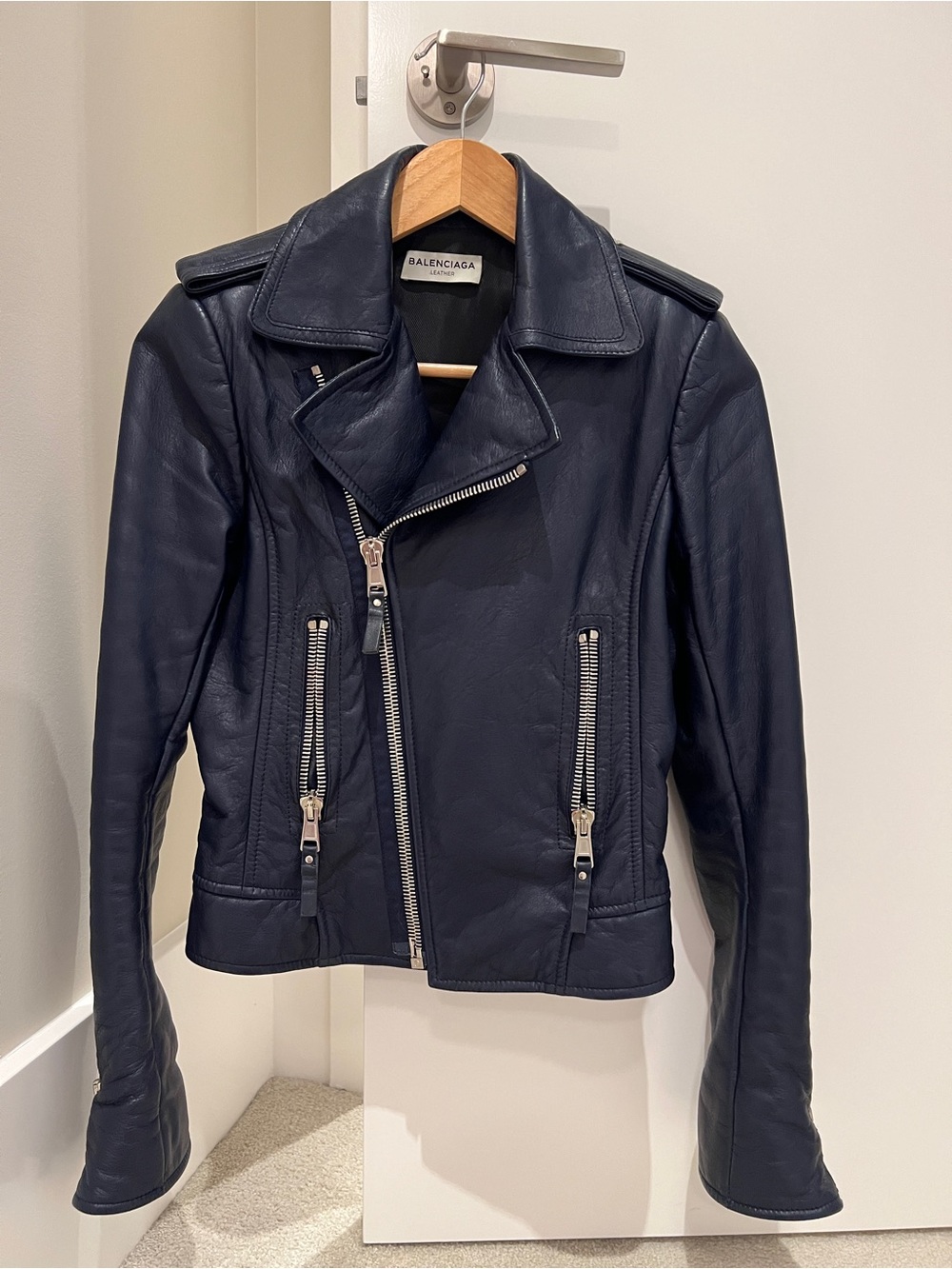 Balenciaga Dark Navy Leather Moto Jacket - Picture 2 of 16